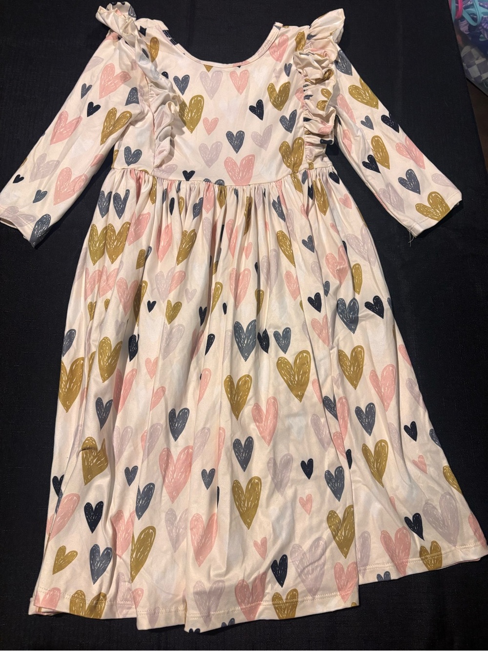 Girls Long Sleeve Heart Print Dress - Pink, Gold & Navy